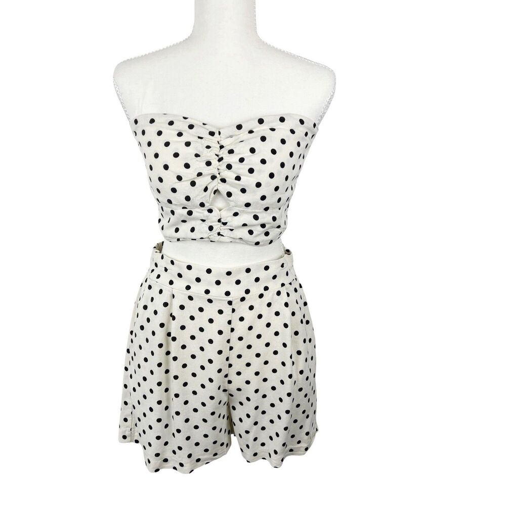 Monteau 2 Piece Bandeau Tube Top Shorts Beige Polka Dot Women Large Linen Blend
